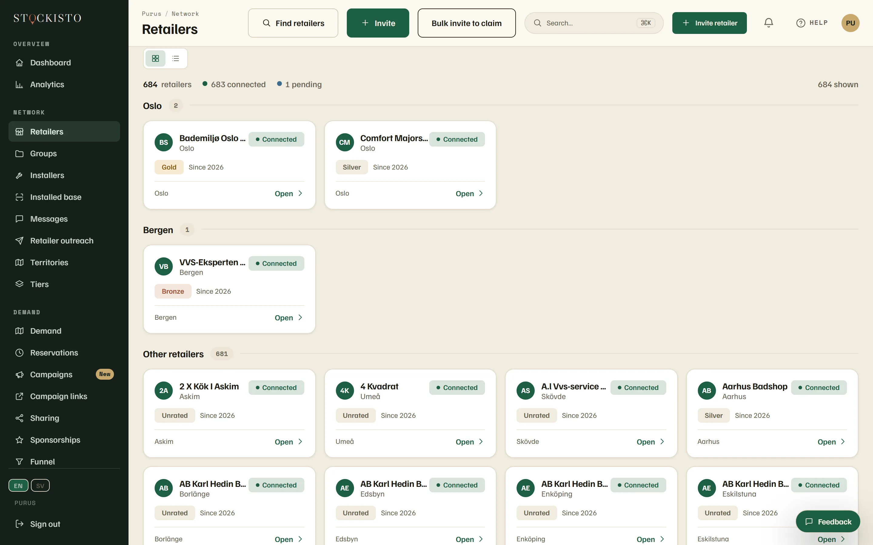 The Stockisto retailer network screen, listing a supplier's retailers by city with tier and connection status.